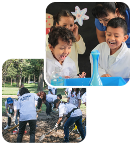 Dos fotografías superpuestas: en la parte superior, varios niños sonríen emocionados mientras observan una reacción química en un experimento escolar; en la parte inferior, un grupo de voluntarios trabaja juntos limpiando y removiendo hojas en un área verde de un parque.