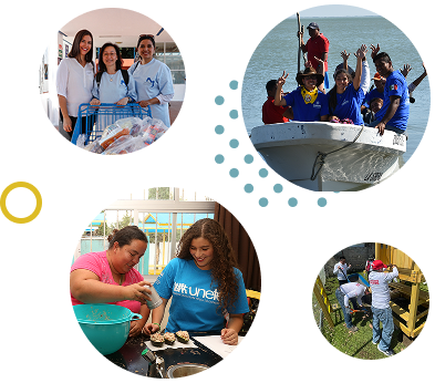 Collage de cuatro fotografías circulares que muestran distintas actividades comunitarias: un grupo de mujeres sonriendo junto a una mesa con alimentos; varias personas en una lancha saludando sobre el agua; una mujer enseñando cocina a otra en una mesa; y un grupo de voluntarios pintando una estructura de madera al aire libre.